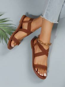 Elegant Ankle Strap Sandals For Women, Canvas Cross Strap Flat Sandals - Brown - View 7