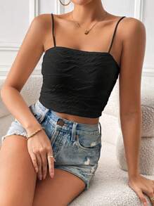 SHEIN Essnce 素色吊帶短上衣 - 黑色 - 查看 5