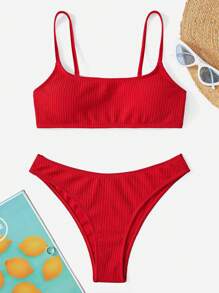 Swim Basics Conjunto de bikini acanalado de verano, brassiere inalámbrica y Bottom tipo hipster 2 piezas