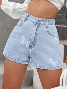 蝴蝶圖案牛仔短褲 - 淺色水洗藍 - 查看 1