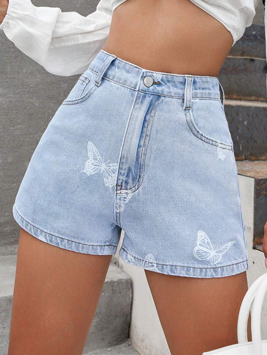 蝴蝶圖案牛仔短褲 - 淺色水洗藍 - 查看 1