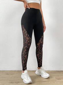 Chiquease Contrast Lace Leggings - Black - View 1