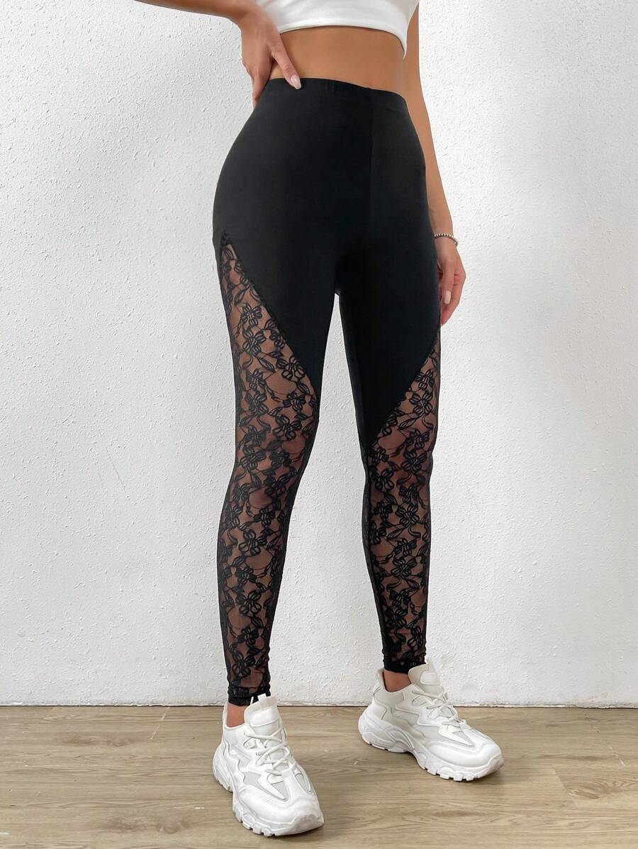 Chiquease Contrast Lace Leggings - Black - View 1