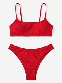 Swim Basics Conjunto de bikini acanalado de verano, brassiere inalámbrica y Bottom tipo hipster 2 piezas