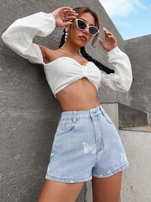 蝴蝶圖案牛仔短褲 - 淺色水洗藍 - 查看 3