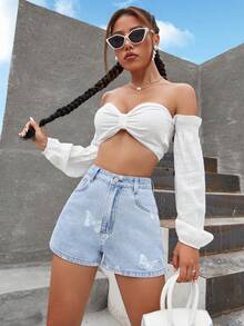 蝴蝶圖案牛仔短褲 - 淺色水洗藍 - 查看 4