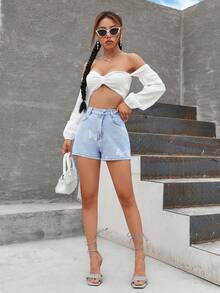 蝴蝶圖案牛仔短褲 - 淺色水洗藍 - 查看 5