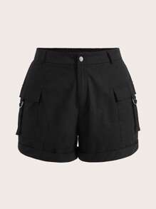 SHEIN EZwear Plus High Waist Flap Pocket Side Cargo Shorts - Black - View 1
