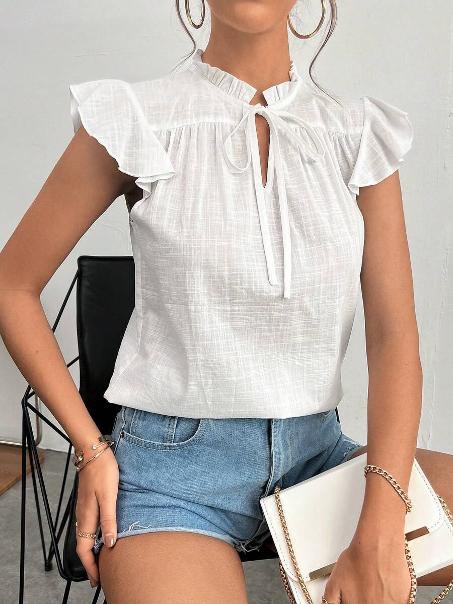SHEIN Clasi Tie Neck Ruffle Trim Butterfly Sleeve Blouse - White - View 1