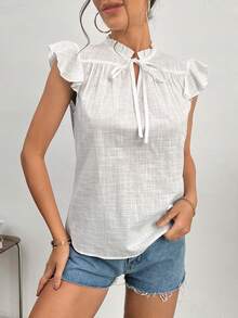 SHEIN Clasi Tie Neck Ruffle Trim Butterfly Sleeve Blouse - White - View 3