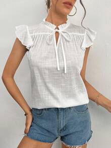 SHEIN Clasi Tie Neck Ruffle Trim Butterfly Sleeve Blouse - White - View 4