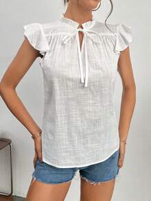 SHEIN Clasi Tie Neck Ruffle Trim Butterfly Sleeve Blouse - White - View 5