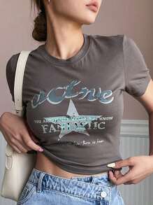 DAZY Letter Graphic Crop Tee - Chocolate Brown - View 1