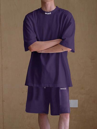 Guys Letter Graphic Drop Shoulder Tee & Drawstring Waist Shorts