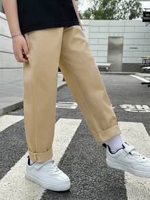 SHEIN 男孩字母補丁細節長褲 - 卡其色 - 查看 4