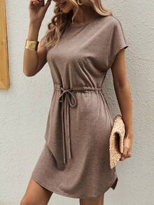 SHEIN LUNE 素色腰部抽繩蝙蝠袖連衣裙 - 摩卡棕 - 查看 3