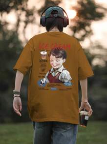 Manfinity EMRG Hombres Camiseta de hombros caídos con estampado de slogan y figura - Marrón - Ver 1