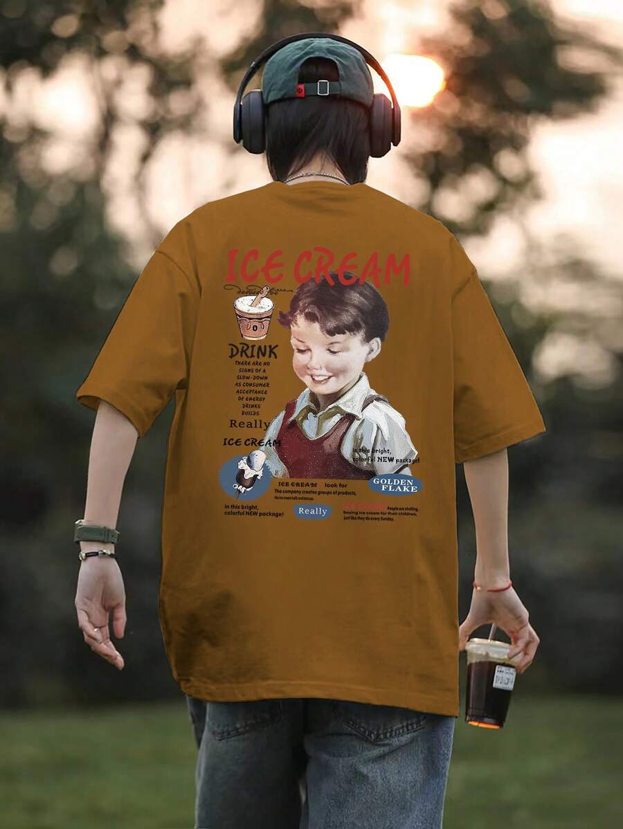 Manfinity EMRG Hombres Camiseta de hombros caídos con estampado de slogan y figura - Marrón - Ver 1