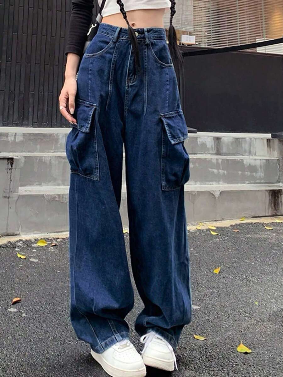 女式宽松直筒工装口袋牛仔裤 - 深色水洗藍 - 查看 1