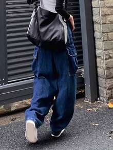 女式宽松直筒工装口袋牛仔裤 - 深色水洗藍 - 查看 2