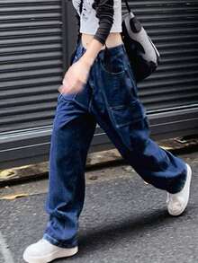 女式宽松直筒工装口袋牛仔裤 - 深色水洗藍 - 查看 5