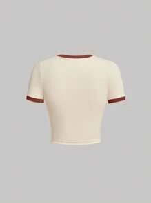 SHEIN MOD Slogan Đồ họa tương phản Binding Tee ĐIỀU TỐT CẦN THỜI GIAN - Rỉ Nâu - Xem 2