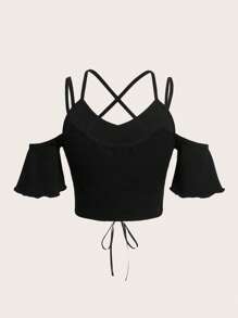 ROMWE Goth Lace Up Front Cold Shoulder Top - Black - View 2