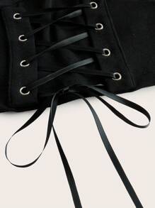 ROMWE Goth Lace Up Front Cold Shoulder Top - Black - View 3