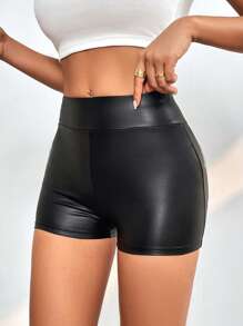 SHEIN PETITE Solid Leather Look Shorts - Black - View 5