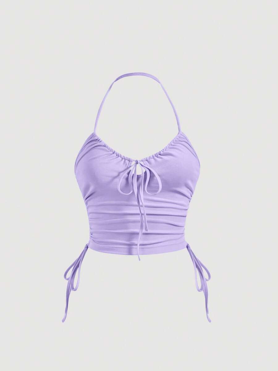 SHEIN MOD 素色側抽繩掛脖上衣 - 紫丁香色 - 查看 1