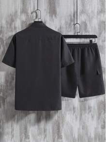 Claim Dot Loose Fit Men's Buckled Flap Pocket Drop Shoulder Shirt & Drawstring Shorts Set (Without Tee) - Black - View 2