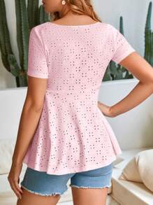 SHEIN Áo thun Bà bầu Viên lá sen Nút phía trước Tranh thêu màu trơn Giải trí - Màu Hồng baby - Xem 2