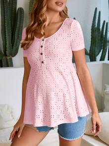 SHEIN Áo thun Bà bầu Viên lá sen Nút phía trước Tranh thêu màu trơn Giải trí - Màu Hồng baby - Xem 5