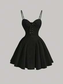 SHEIN MOD Lace Up Front Cami Dress Corset Dress Black Corset Dressteens Dress>Corset - Black - View 1