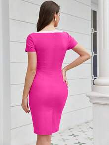 MUXXN Contrast Binding Bow Front Bodycon Dress - Hot Pink - View 2