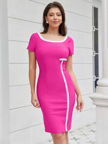 MUXXN Contrast Binding Bow Front Bodycon Dress - Hot Pink - View 5