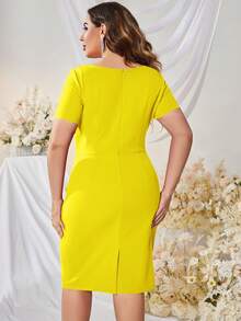 MUXXN Plus Asymmetrical Neck Ruffle Trim Ruched Bodycon Dress