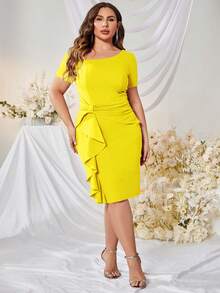 MUXXN Plus Asymmetrical Neck Ruffle Trim Ruched Bodycon Dress