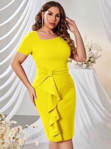 MUXXN Plus Asymmetrical Neck Ruffle Trim Ruched Bodycon Dress