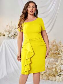 MUXXN Plus Asymmetrical Neck Ruffle Trim Ruched Bodycon Dress