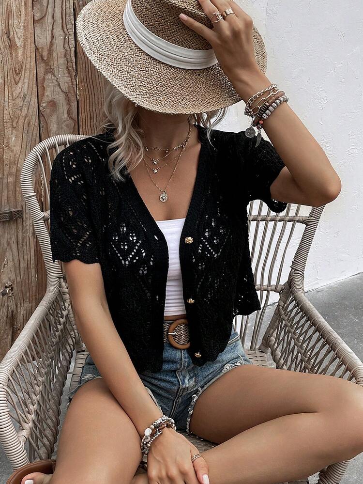 Women's Knit Casual V-Neck Short Sleeve Cardigan, Loose Fit, Summer Vacation Top, Hollow-Out Design, Random Pattern, Suitable For Back To School Season And Autumn Beach Black