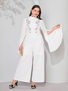 Modelyn Jumpsuits Plus Size Thêu Chia Dây kéo Paisley Thanh lịch - trắng - Xem 2
