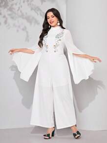 Modelyn Jumpsuits Plus Size Thêu Chia Dây kéo Paisley Thanh lịch - trắng - Xem 1
