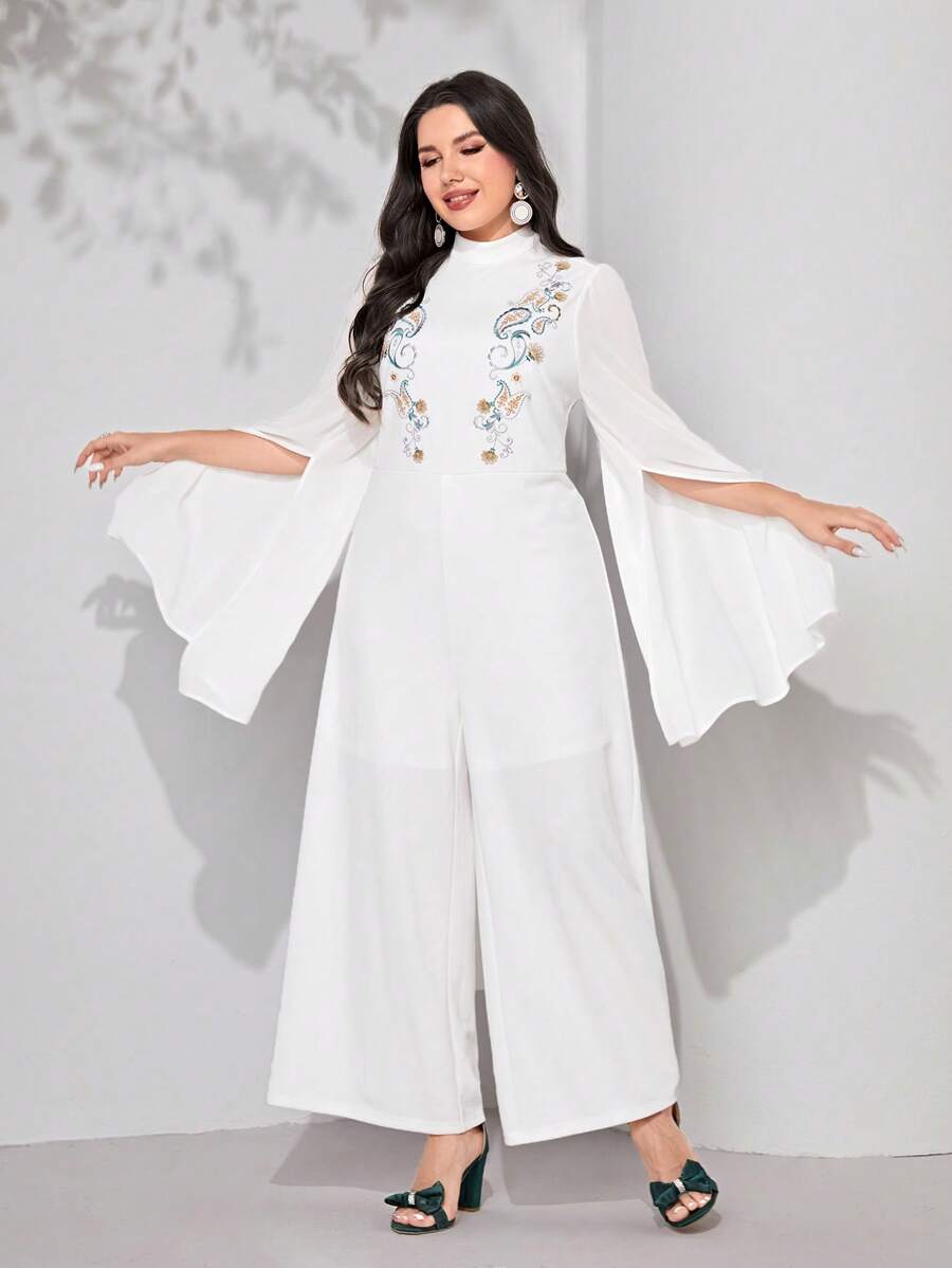 Modelyn Jumpsuits Plus Size Thêu Chia Dây kéo Paisley Thanh lịch - trắng - Xem 1