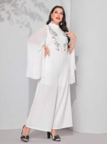 Modelyn Jumpsuits Plus Size Thêu Chia Dây kéo Paisley Thanh lịch - trắng - Xem 5
