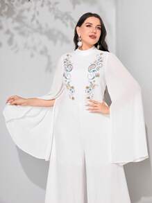 Modelyn Jumpsuits Plus Size Thêu Chia Dây kéo Paisley Thanh lịch - trắng - Xem 6