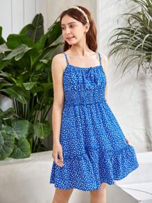 SHEIN Teen Girls Ditsy Floral Print Tie Front Ruffle Hem Cami Dress - Multicolor - View 4