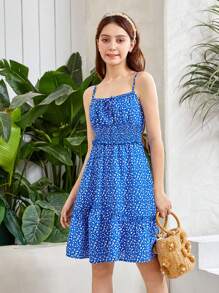 SHEIN Teen Girls Ditsy Floral Print Tie Front Ruffle Hem Cami Dress - Multicolor - View 5