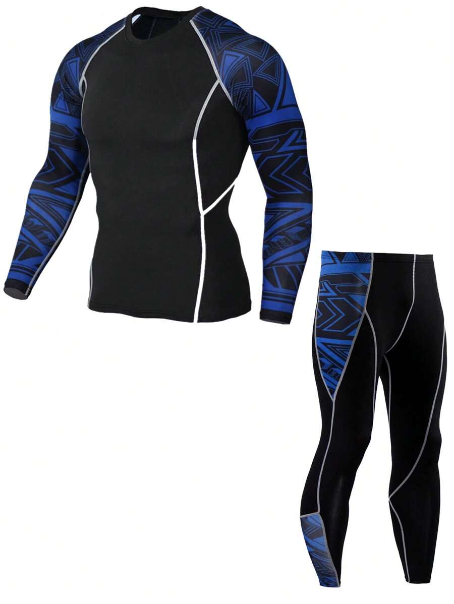 Fitness Conjunto deportivo para hombres con mangas raglán, detalle de costuras y estampado geométrico, traje atlético para entrenamiento y gimnasio