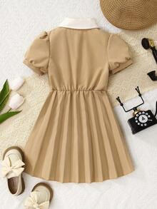 SHEIN Đầm bé gái Nút đôi Xếp li Nút phía trước Khối Màu Giải trí - Màu be - Xem 2